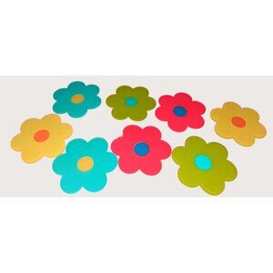8 Flower-Shaped Rubber Coasters 4-Inch Multicolor Shiny & Flat Sides Vintage Mc